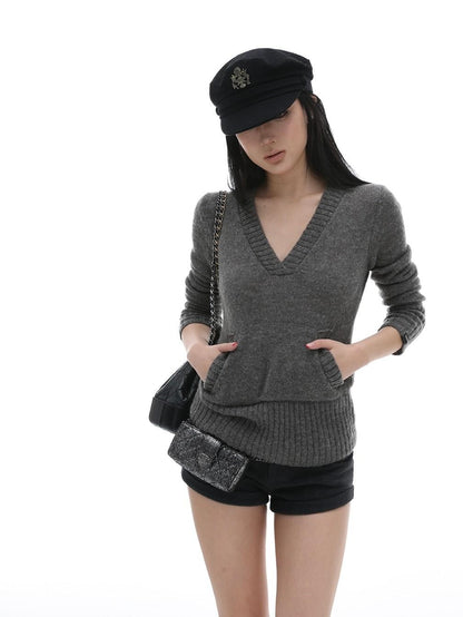 iamxiaa Gray Ribbed V-neck Chunky Knit Plush Women&