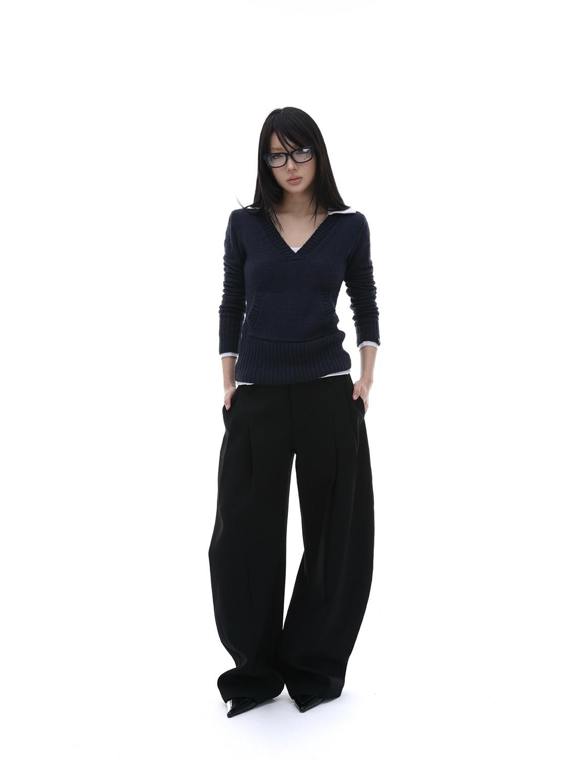 iamxiaa Gray Ribbed V-neck Chunky Knit Plush Women&