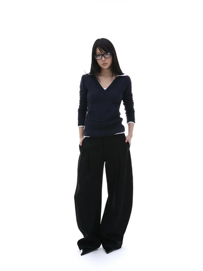 iamxiaa Gray Ribbed V-neck Chunky Knit Plush Women&