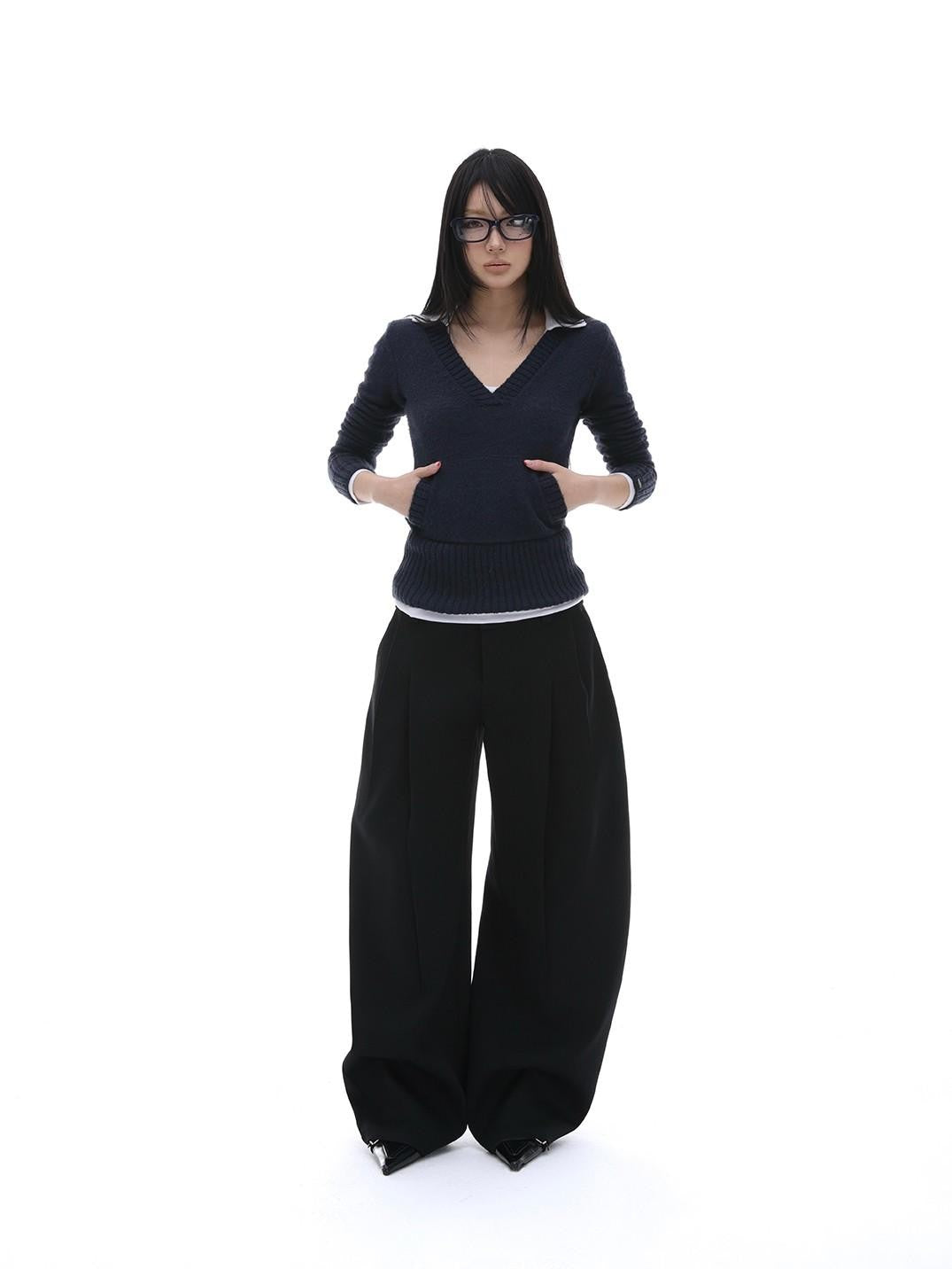 iamxiaa Gray Ribbed V-neck Chunky Knit Plush Women&