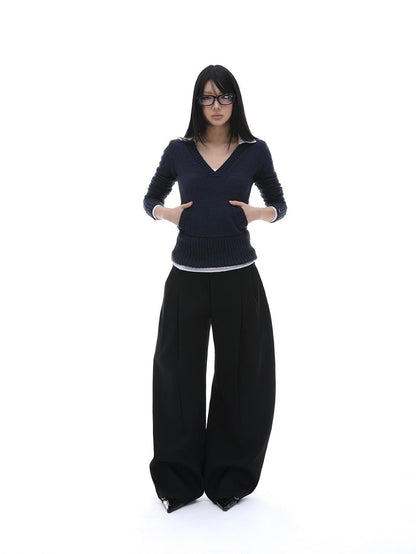 iamxiaa Gray Ribbed V-neck Chunky Knit Plush Women&