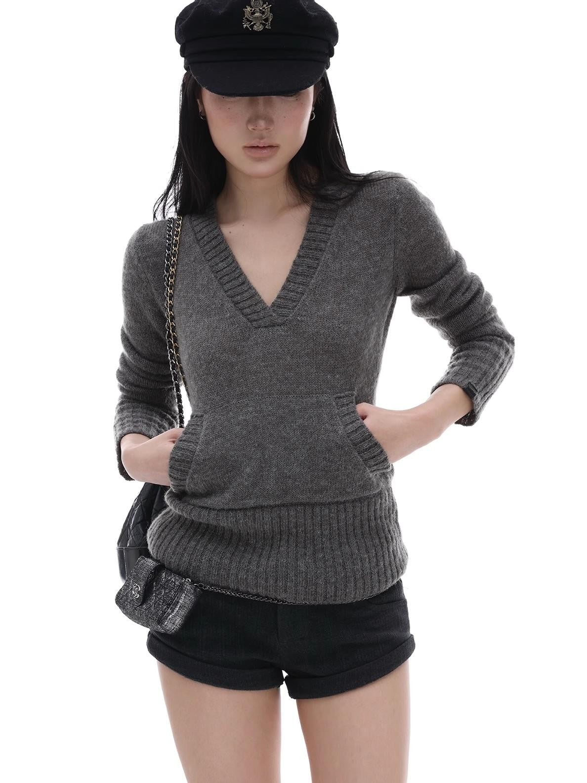 iamxiaa Gray Ribbed V-neck Chunky Knit Plush Women&