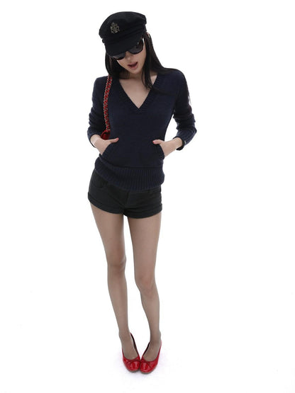 iamxiaa Gray Ribbed V-neck Chunky Knit Plush Women&