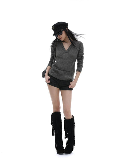 iamxiaa Gray Ribbed V-neck Chunky Knit Plush Women&
