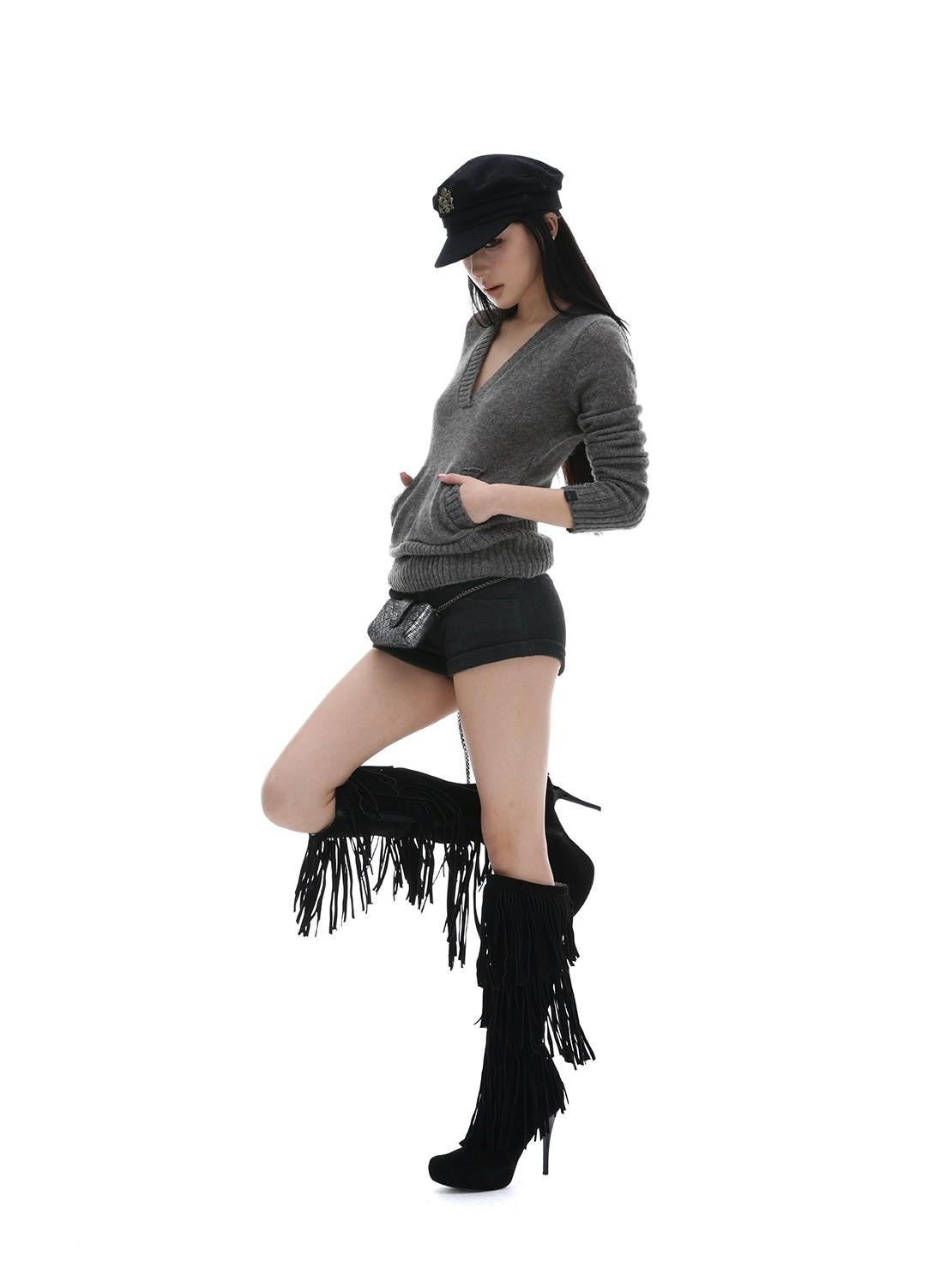 iamxiaa Gray Ribbed V-neck Chunky Knit Plush Women&