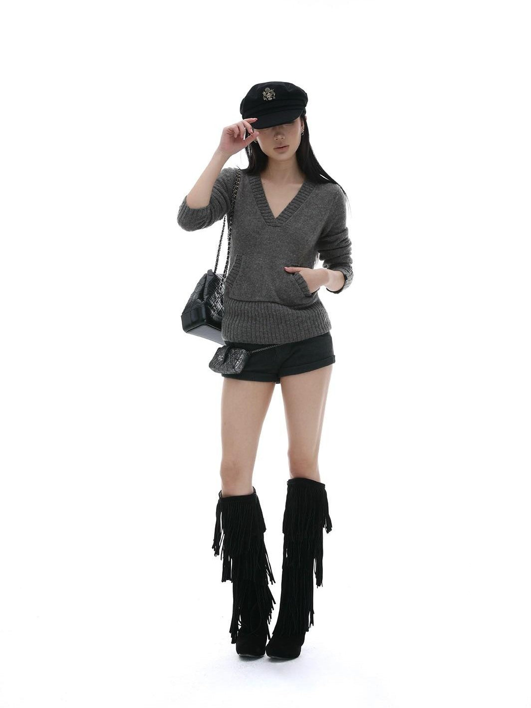 iamxiaa Gray Ribbed V-neck Chunky Knit Plush Women&