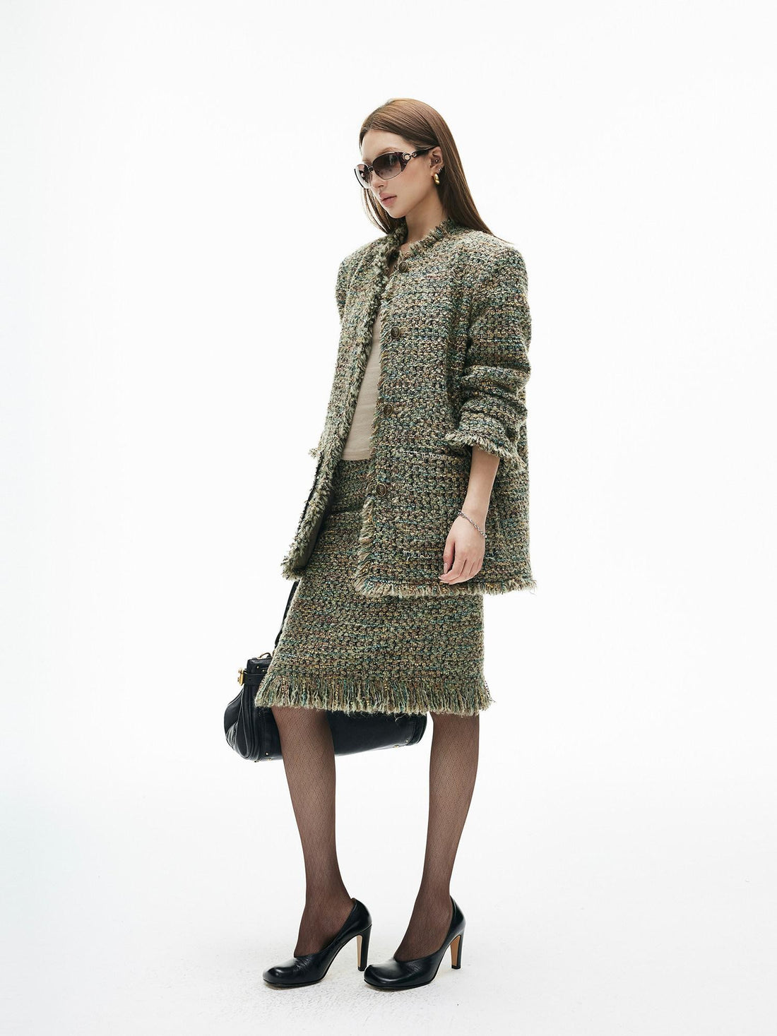 iamxiaa Green Check Woven Tassel Pocket H Jacket Women&