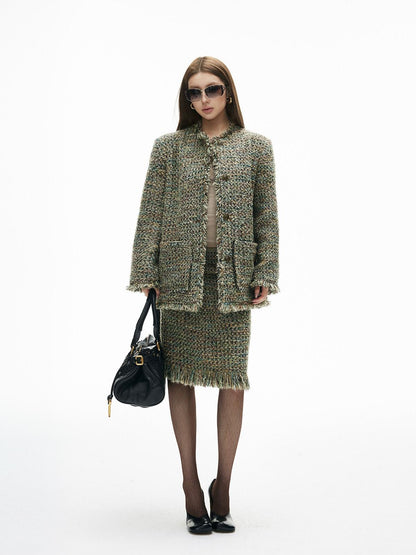 iamxiaa Green Check Woven Tassel Pocket H Jacket Women&