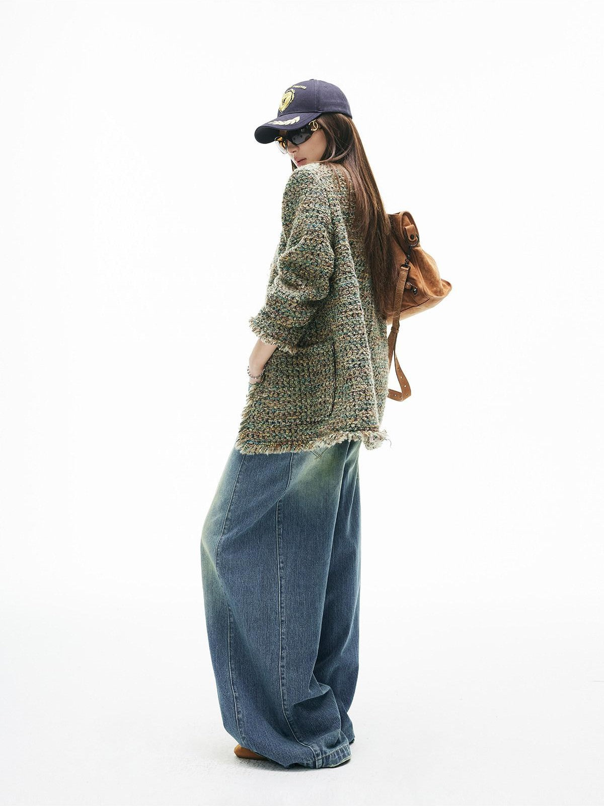 iamxiaa Green Check Woven Tassel Pocket H Jacket Women&