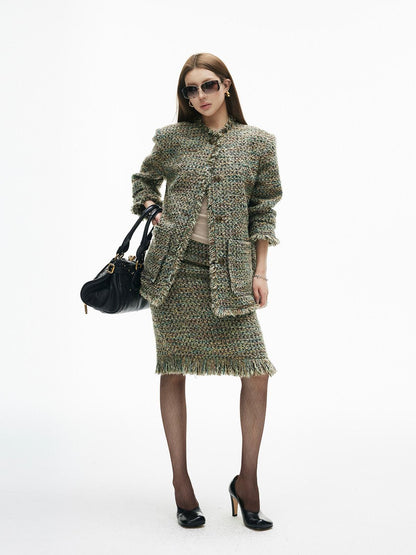 iamxiaa Green Check Woven Tassel Pocket H Jacket Women&