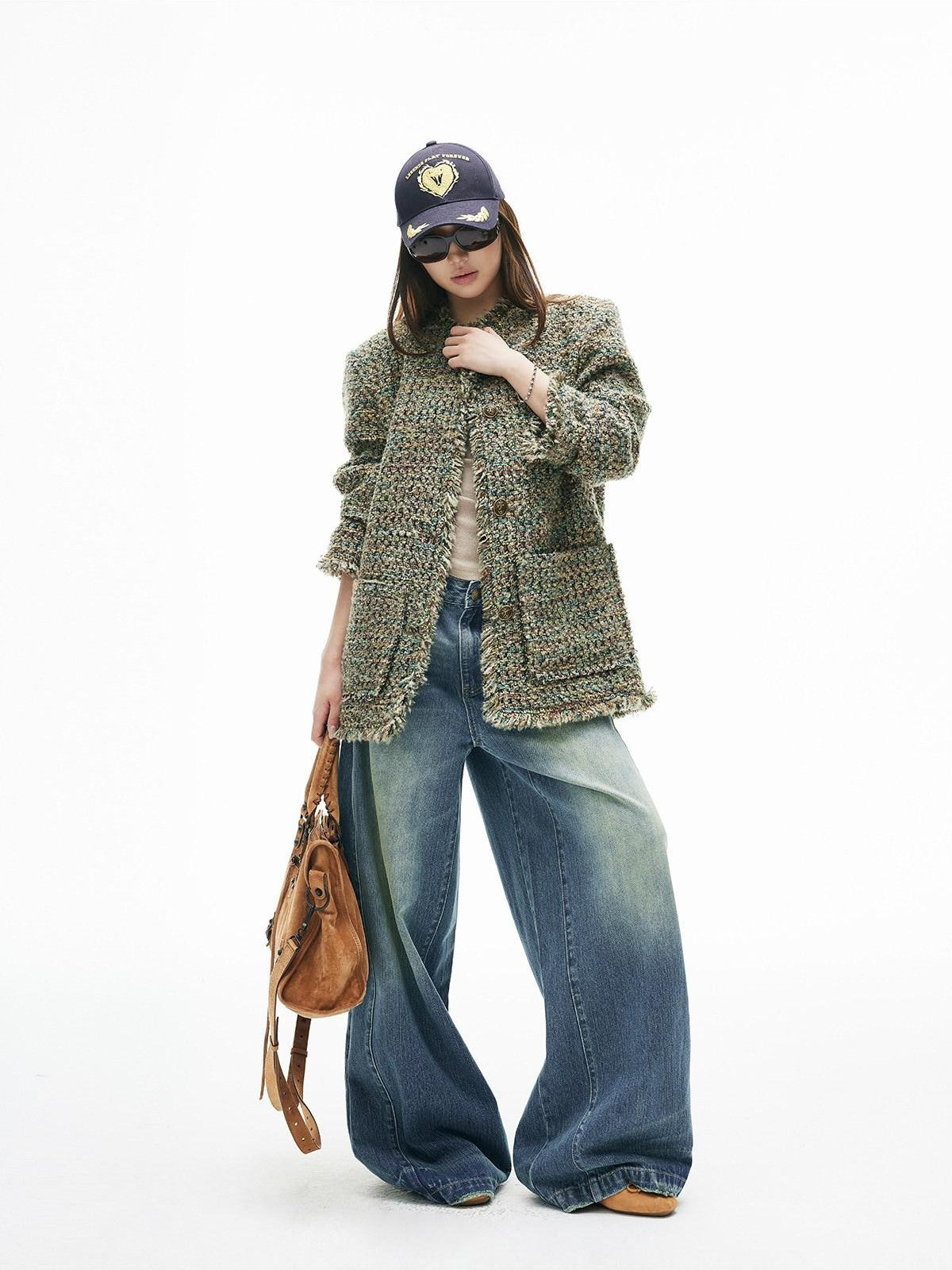 iamxiaa Green Check Woven Tassel Pocket H Jacket Women&