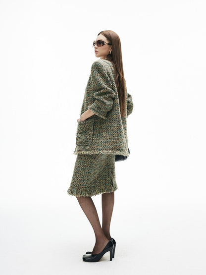 iamxiaa Green Check Woven Tassel Pocket H Jacket Women&