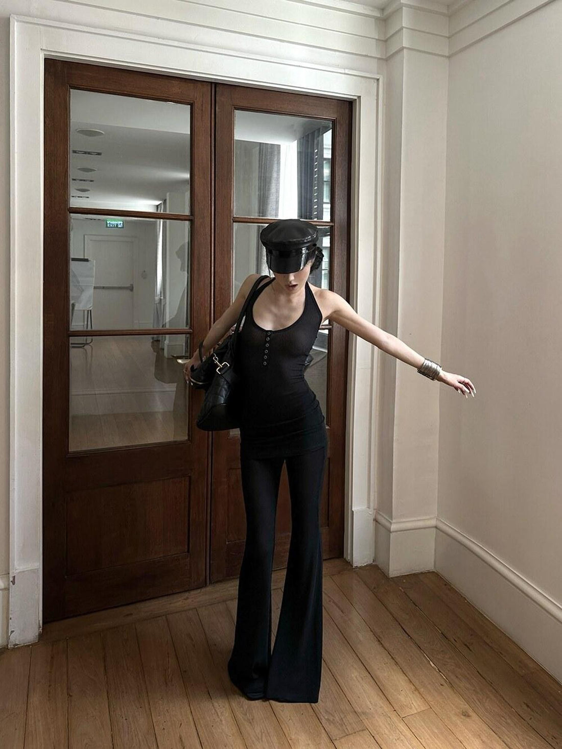iamxiaa Halter Neck Mesh Flared Pants Women&
