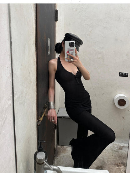 iamxiaa Halter Neck Mesh Flared Pants Women&