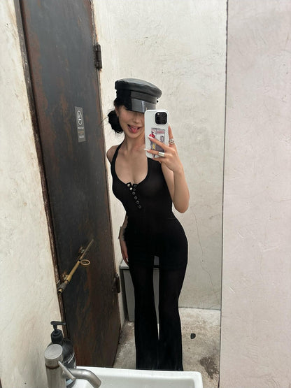 iamxiaa Halter Neck Mesh Flared Pants Women&