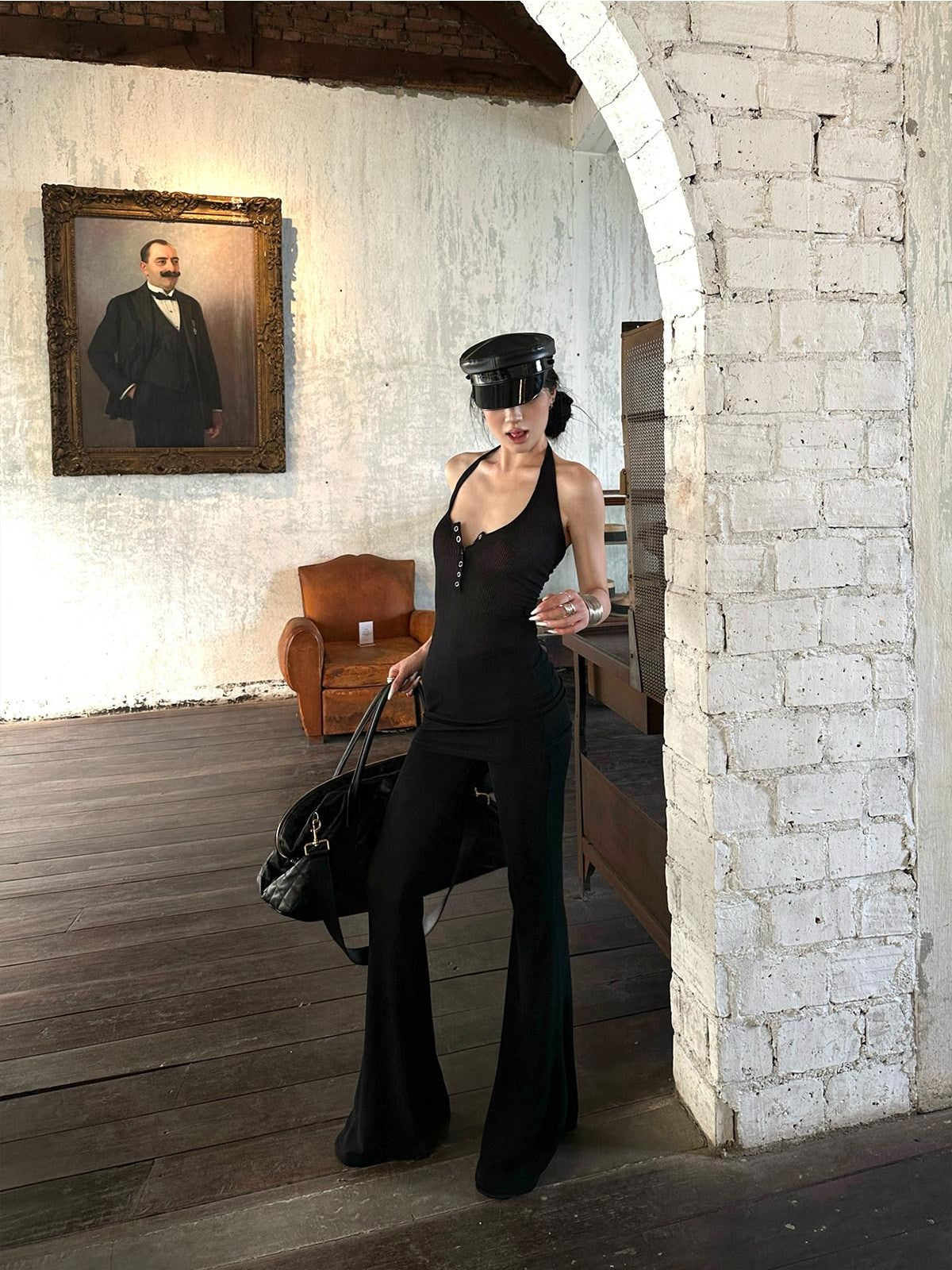 iamxiaa Halter Neck Mesh Flared Pants Women&