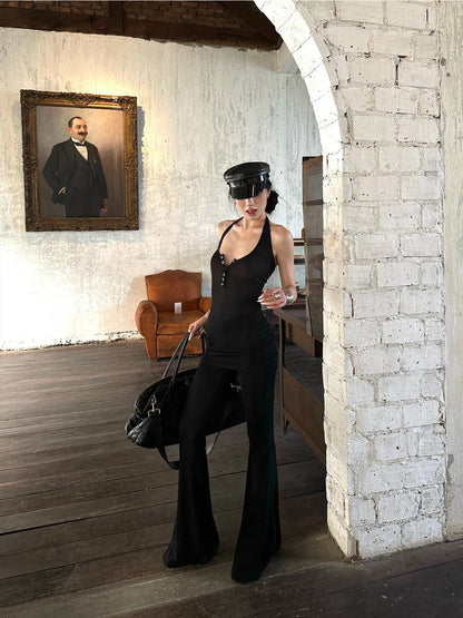 iamxiaa Halter Neck Mesh Flared Pants Women&