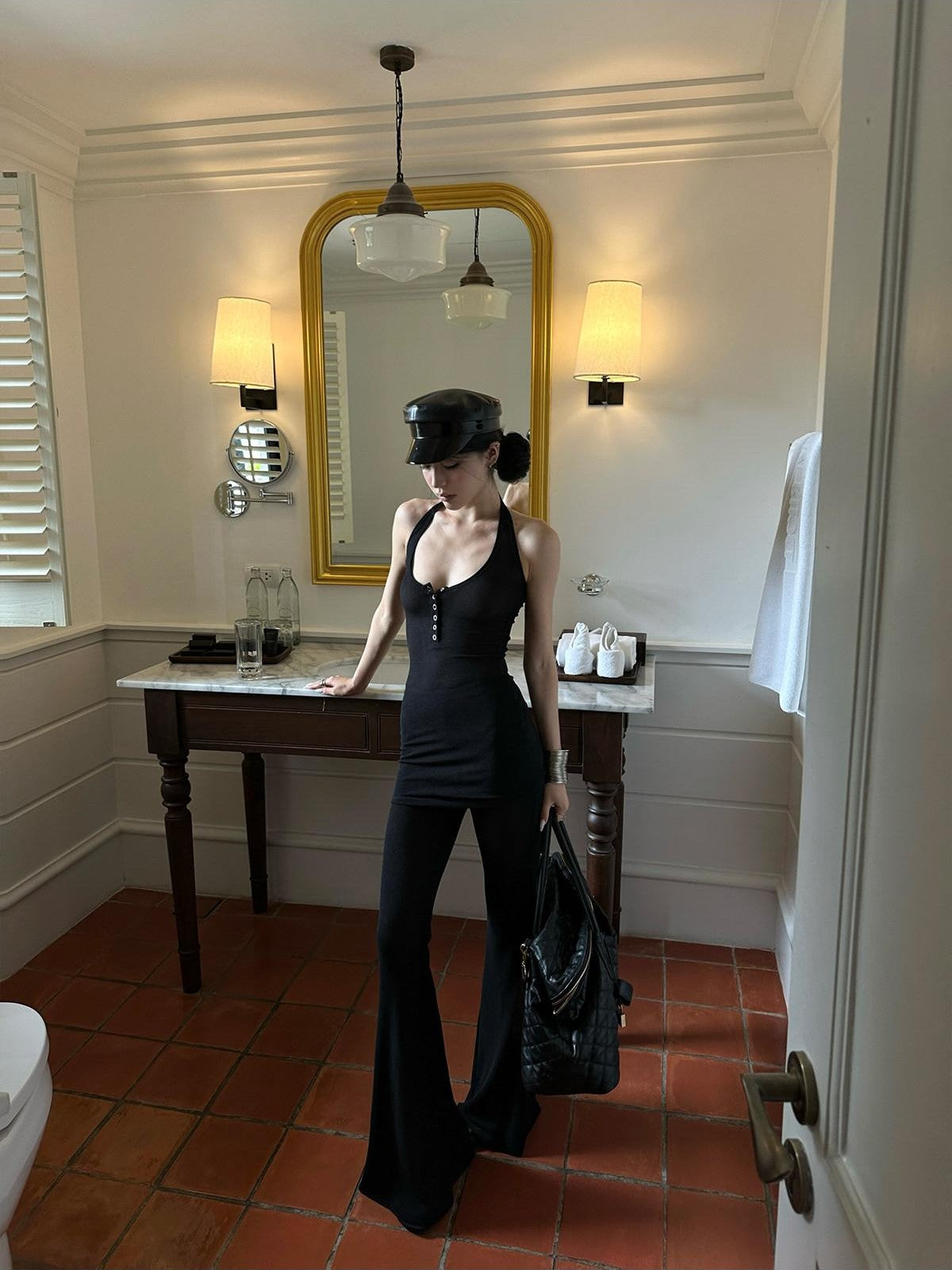 iamxiaa Halter Neck Mesh Flared Pants Women&