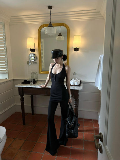 iamxiaa Halter Neck Mesh Flared Pants Women&