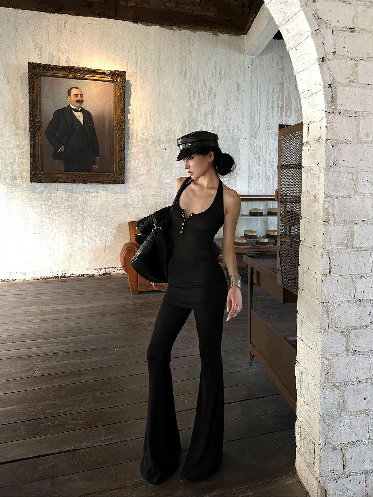 iamxiaa Halter Neck Mesh Flared Pants Women&