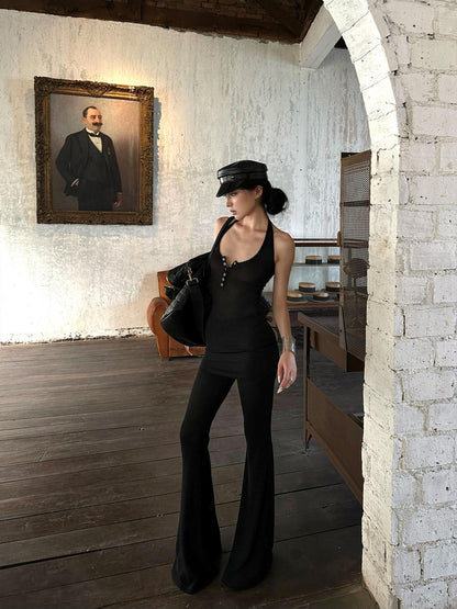 iamxiaa Halter Neck Mesh Flared Pants Women&