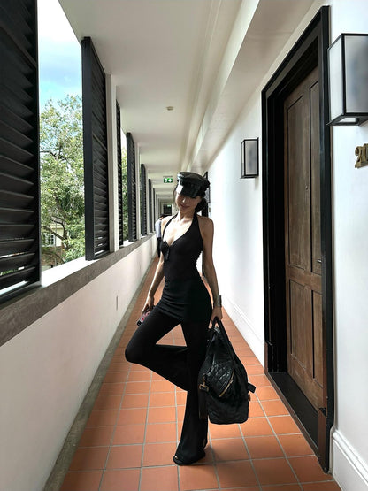 iamxiaa Halter Neck Mesh Flared Pants Women&