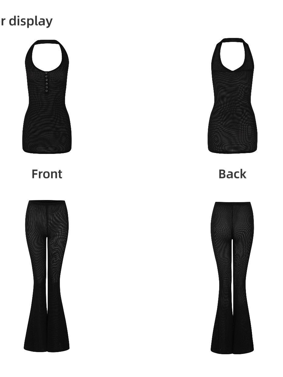 iamxiaa Halter Neck Mesh Flared Pants Women&