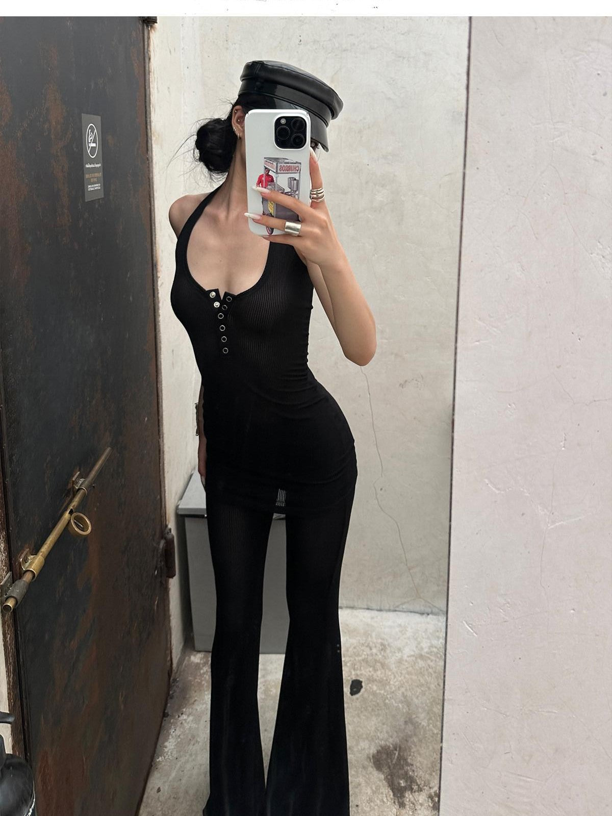 iamxiaa Halter Neck Mesh Flared Pants Women&