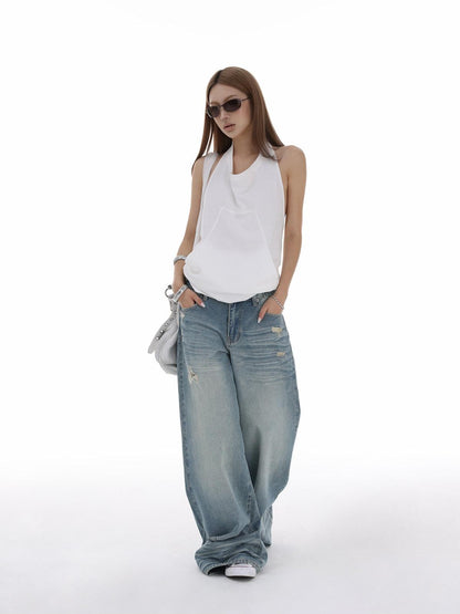 iamxiaa Halter Neck Open Back Drawstring Kangaroo Pocket Women&