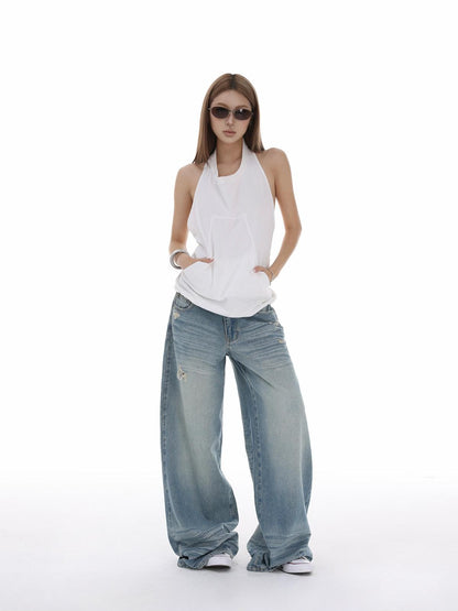 iamxiaa Halter Neck Open Back Drawstring Kangaroo Pocket Women&