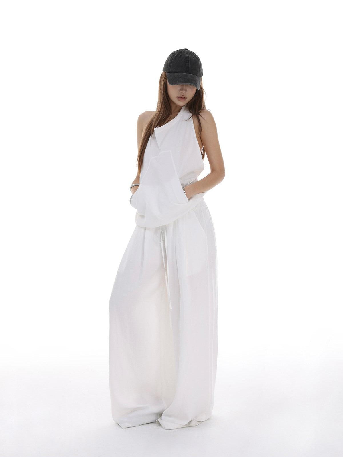 iamxiaa Halter Neck Open Back Drawstring Kangaroo Pocket Women&