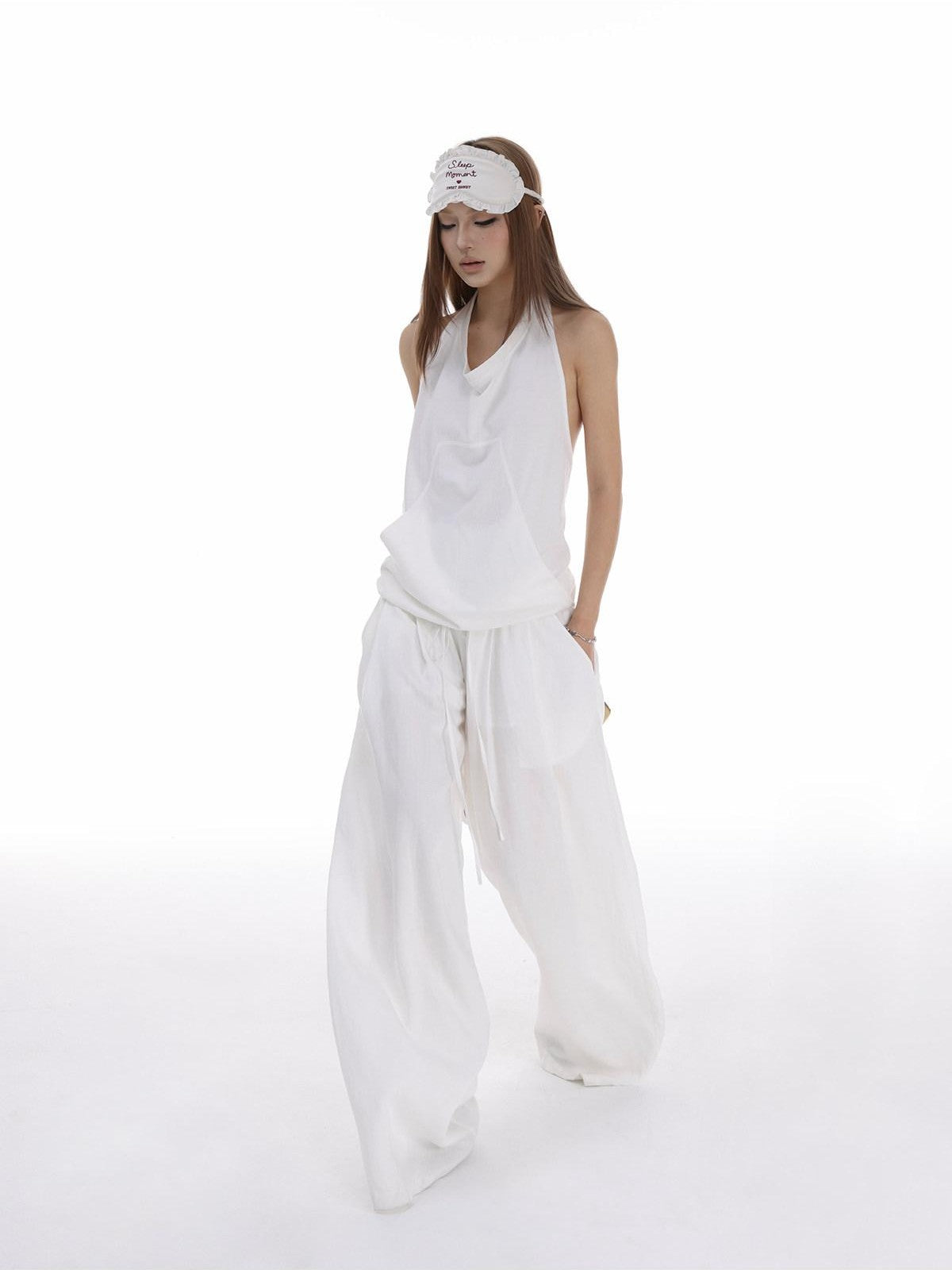 iamxiaa Halter Neck Open Back Drawstring Kangaroo Pocket Women&