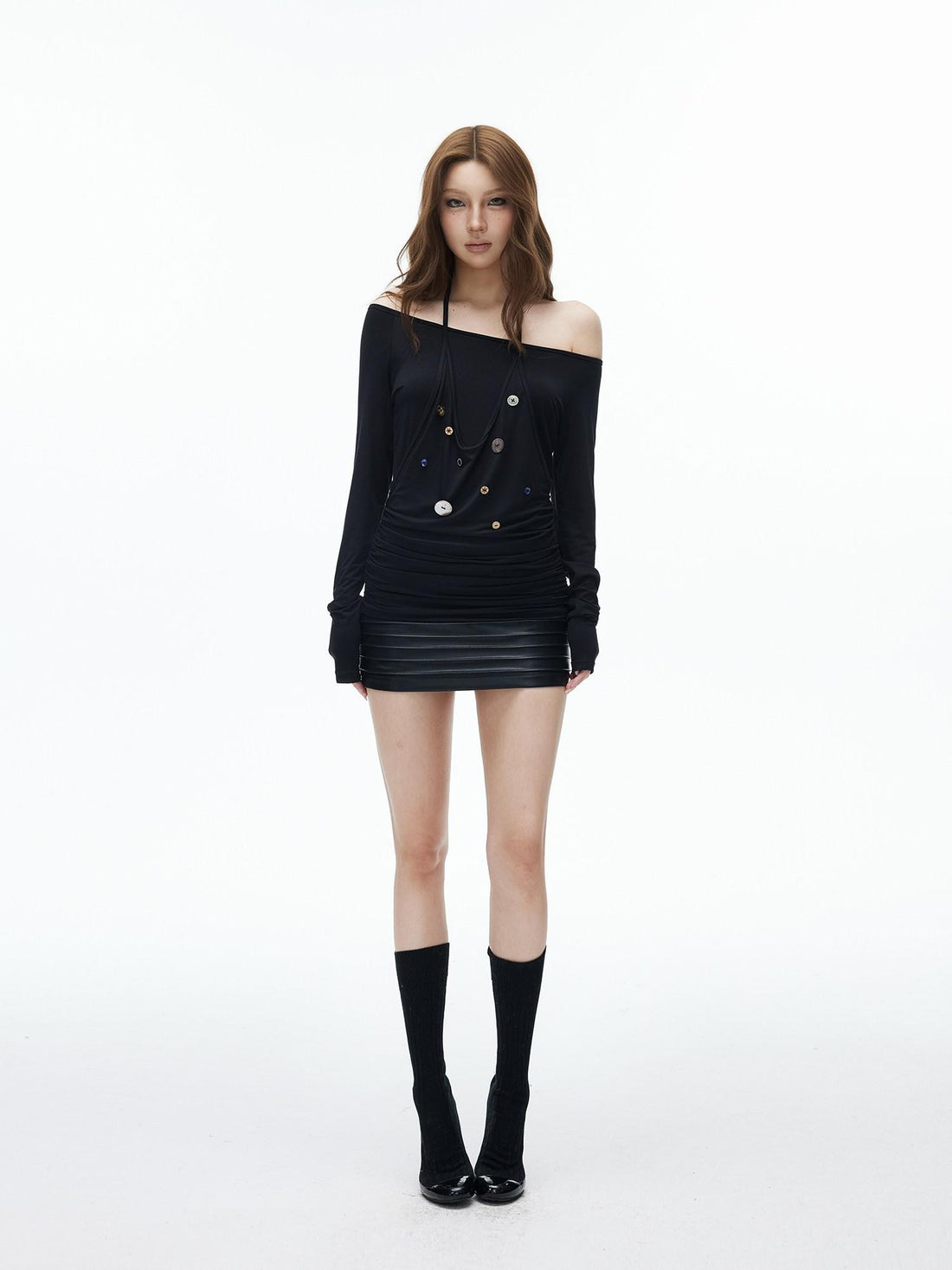iamxiaa Hand Sewn Button Ruching Halter Women&