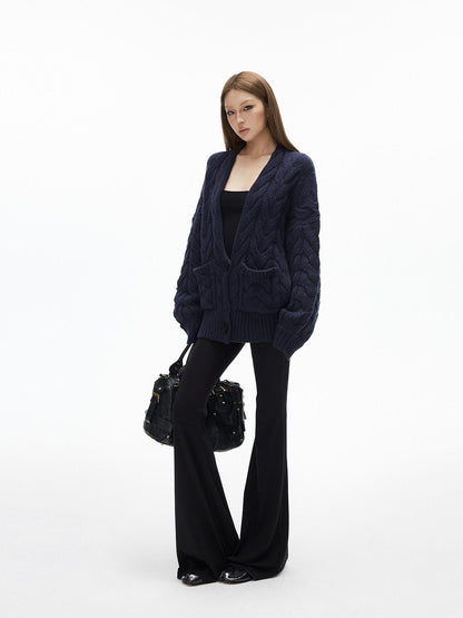 iamxiaa Handcrafted Chunky Cable Knit Deep V Drop Shoulder Women&