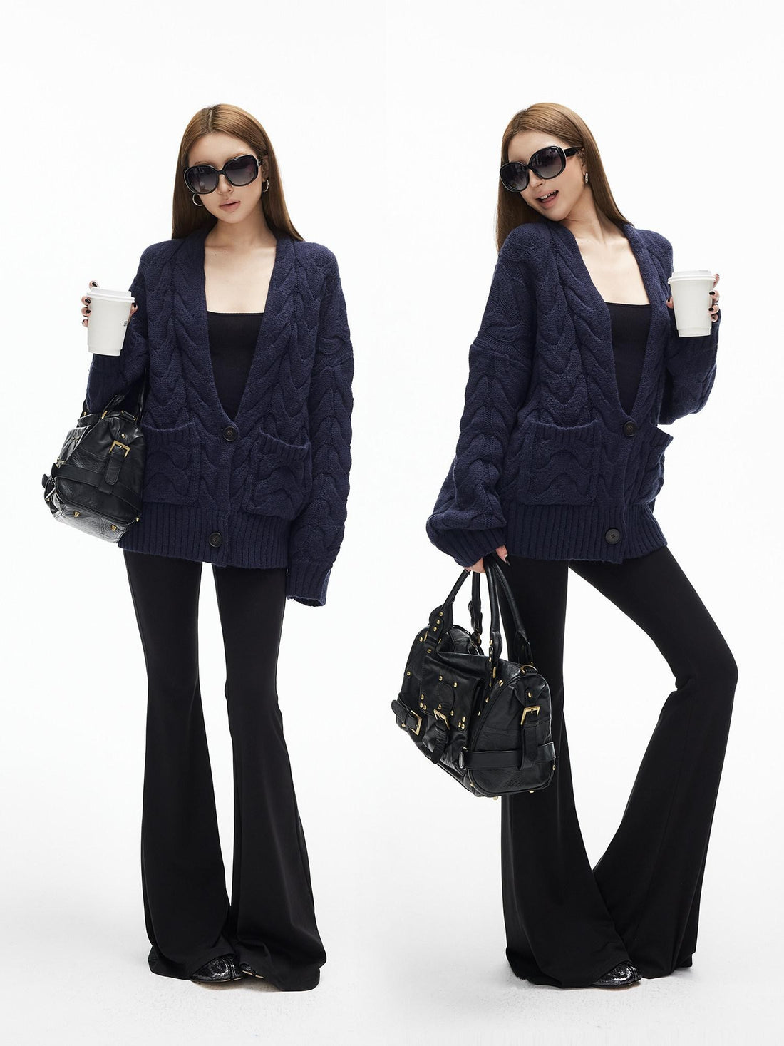 iamxiaa Handcrafted Chunky Cable Knit Deep V Drop Shoulder Women&