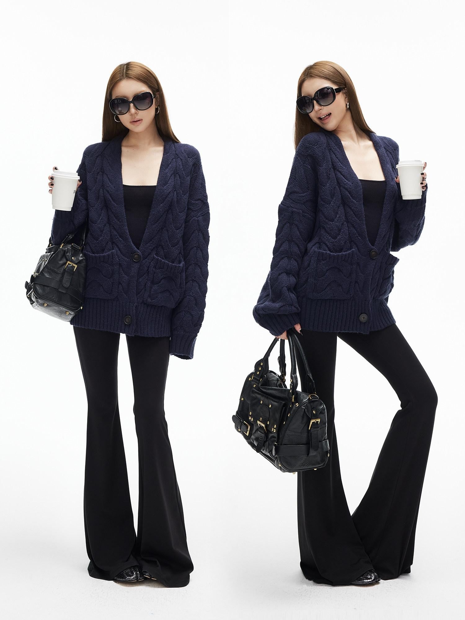 iamxiaa Handcrafted Chunky Cable Knit Deep V Drop Shoulder Women&