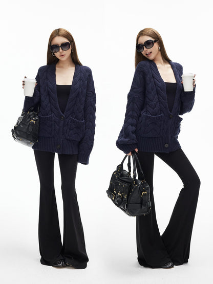 iamxiaa Handcrafted Chunky Cable Knit Deep V Drop Shoulder Women&