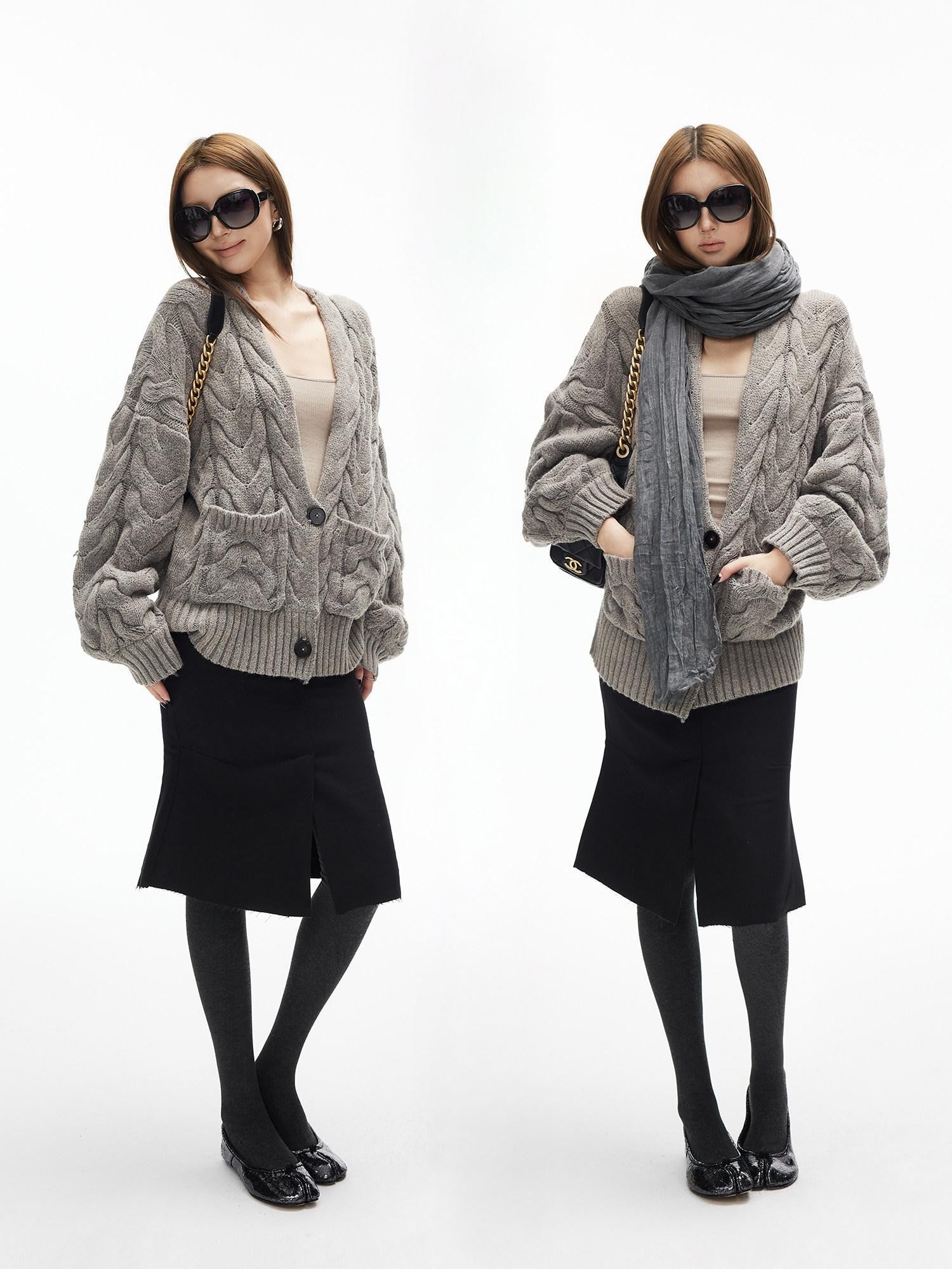 iamxiaa Handcrafted Chunky Cable Knit Deep V Drop Shoulder Women&