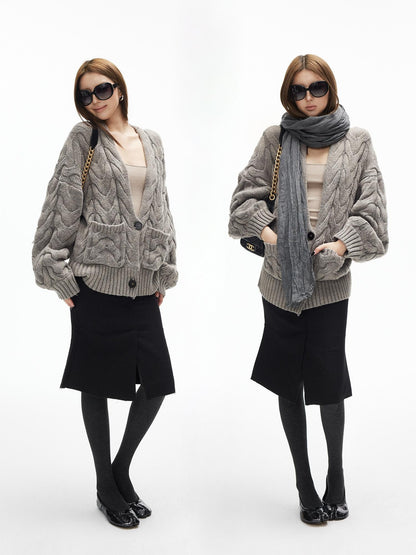iamxiaa Handcrafted Chunky Cable Knit Deep V Drop Shoulder Women&