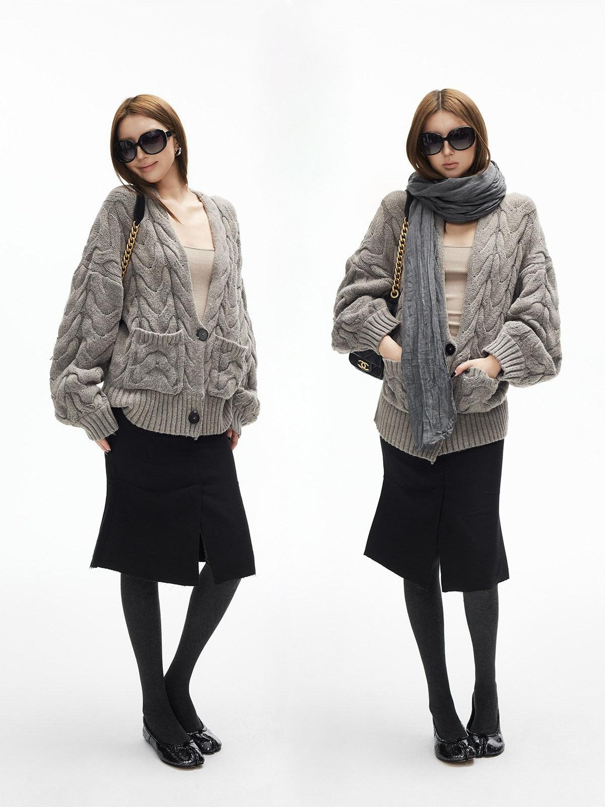 iamxiaa Handcrafted Chunky Cable Knit Deep V Drop Shoulder Women&