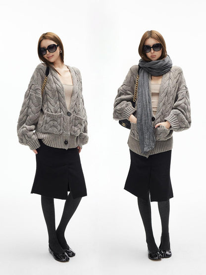 iamxiaa Handcrafted Chunky Cable Knit Deep V Drop Shoulder Women&