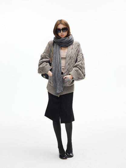 iamxiaa Handcrafted Chunky Cable Knit Deep V Drop Shoulder Women&