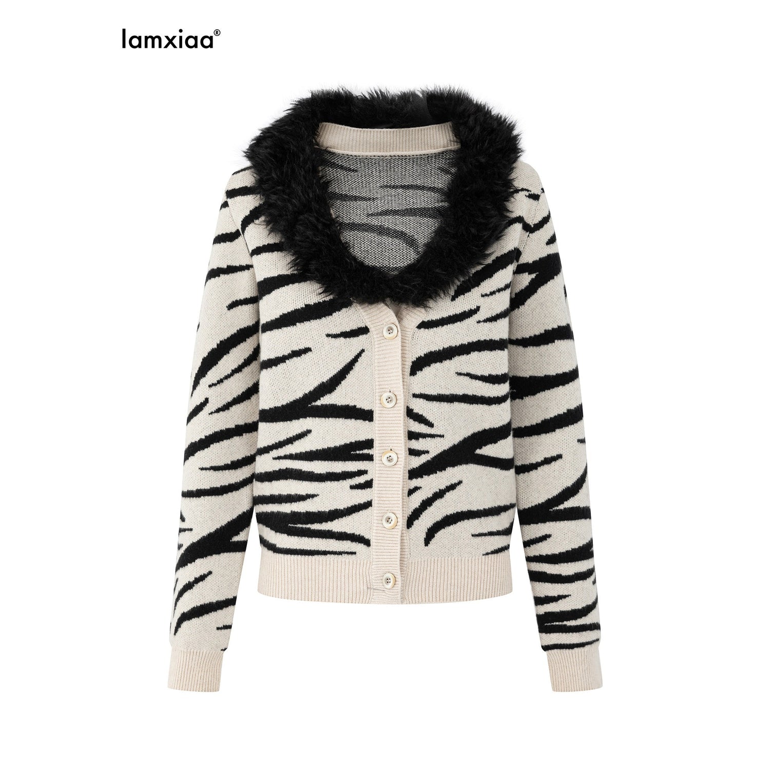 iamxiaa_Handpainted_Black_White_Zebra_Woven_Deep_V_Eco_Fur_Collar_Women&