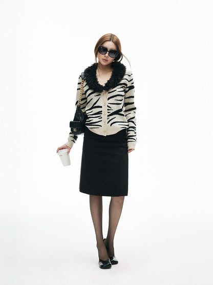 iamxiaa Handpainted Black White Zebra Woven Deep V Eco Fur Collar Women&