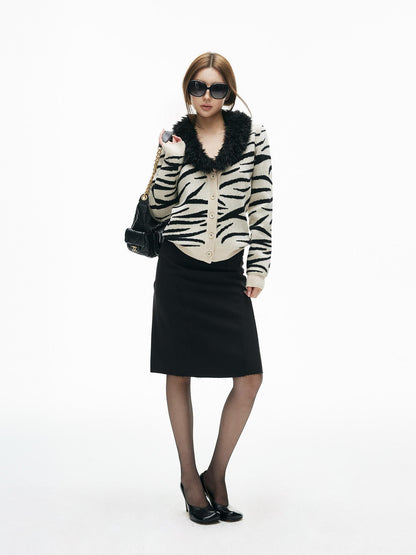 iamxiaa Handpainted Black White Zebra Woven Deep V Eco Fur Collar Women&