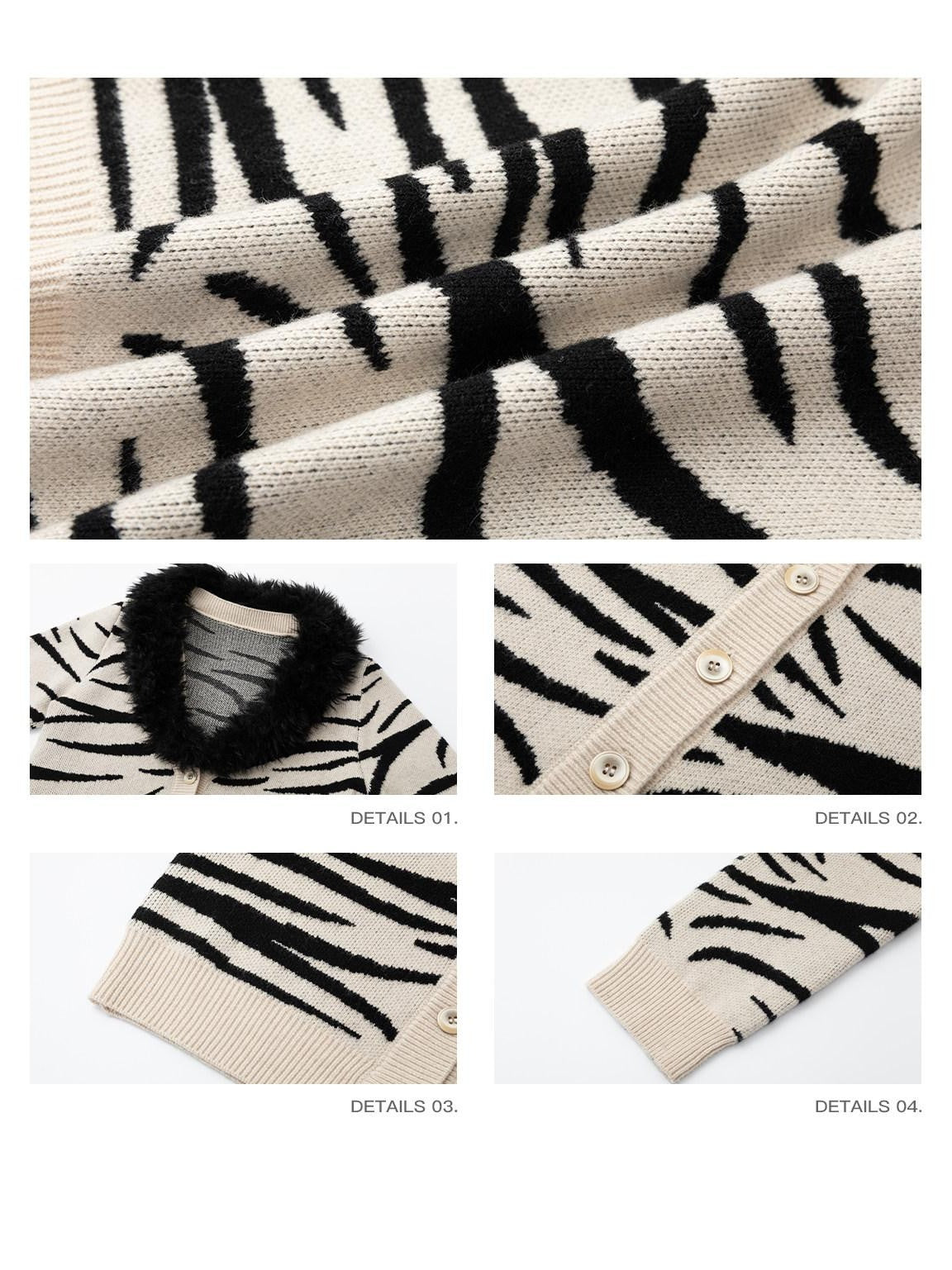 iamxiaa Handpainted Black White Zebra Woven Deep V Eco Fur Collar Women&