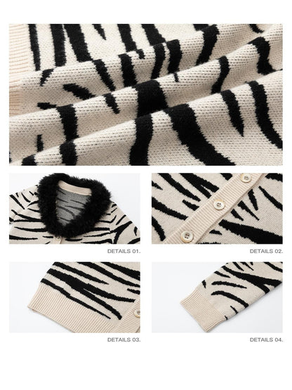 iamxiaa Handpainted Black White Zebra Woven Deep V Eco Fur Collar Women&