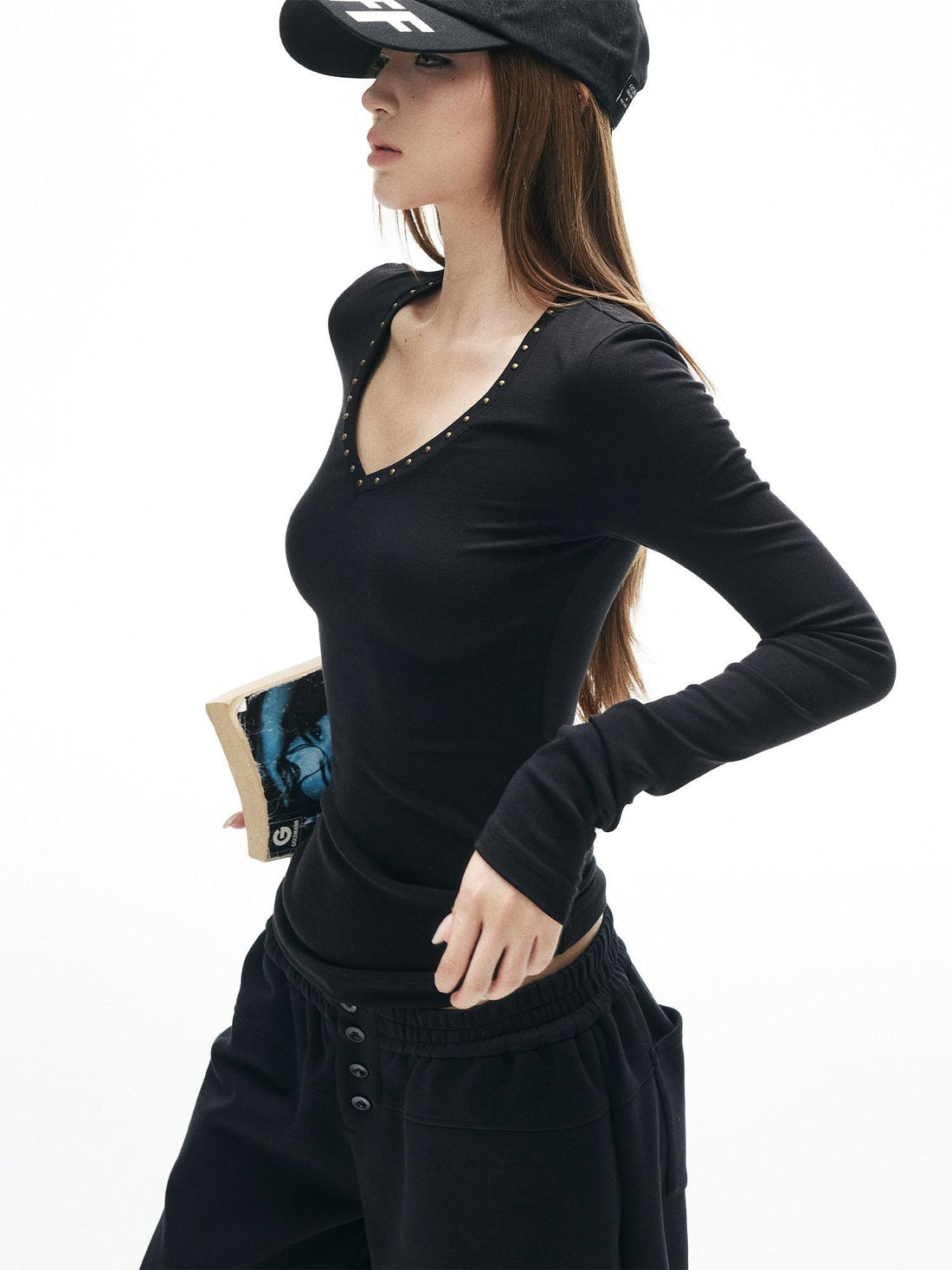 iamxiaa Heart V-neck Rhinestone Studded Women&