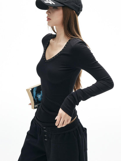 iamxiaa Heart V-neck Rhinestone Studded Women&