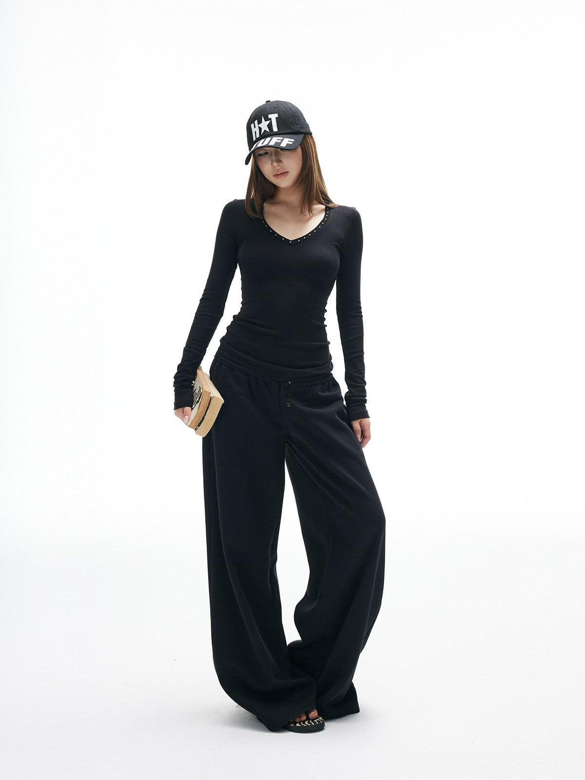 iamxiaa Heart V-neck Rhinestone Studded Women&